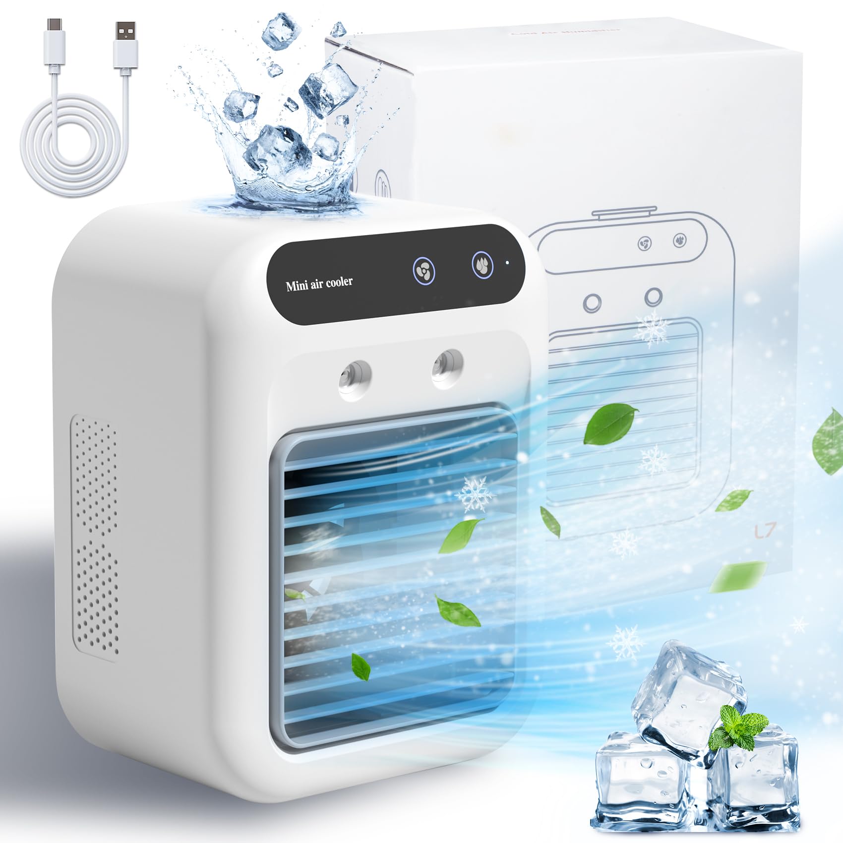 Cool Cove Portable AC mini air cooler with USB-C cable and packaging